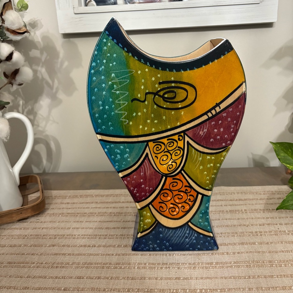 Kakadu Handmade Painted Wooden Vase/Vessel Multicolor made in Israel